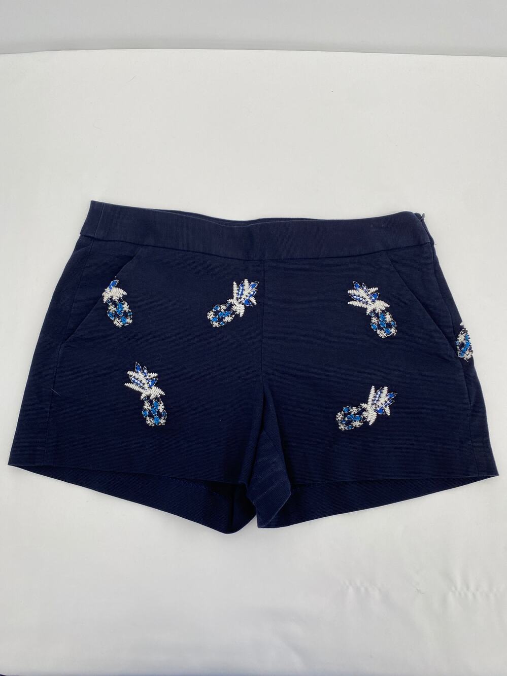 LOFT Navy Pineapple Embroidered Shorts Flat Front Pockets size 2